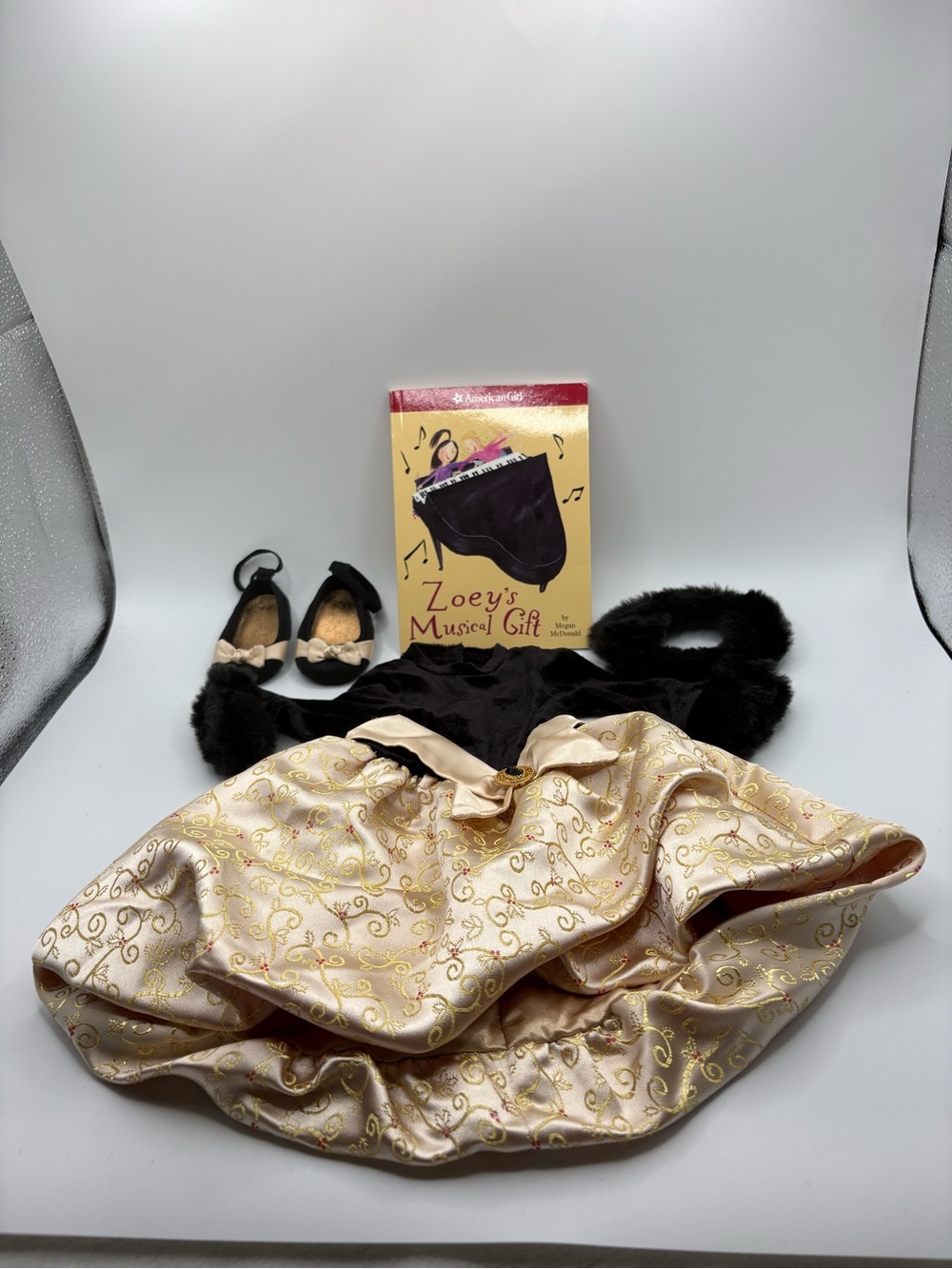 American Girl Doll Midnight Holly Outfit Dress Shoes Fur Collar Book Retired
